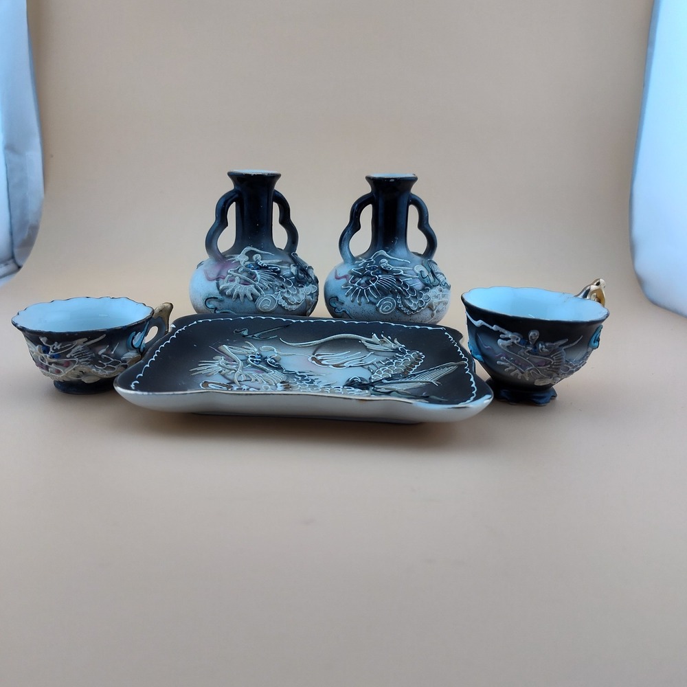 Dragonware Moriage black miniature dishes replacement tea cup vintage FLAWS